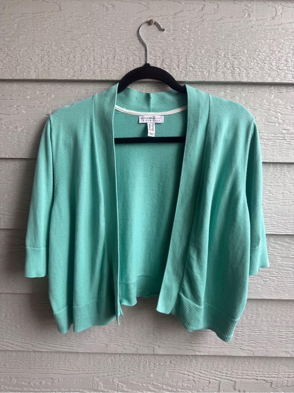 Cute and versatile aqua cardigan shrug by Isaac Mizrahi Live Essentials. Feature